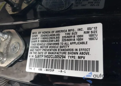2012 Honda Crosstour Ex-L from USA, damaged, VIN 5J6TF1H52CL005294